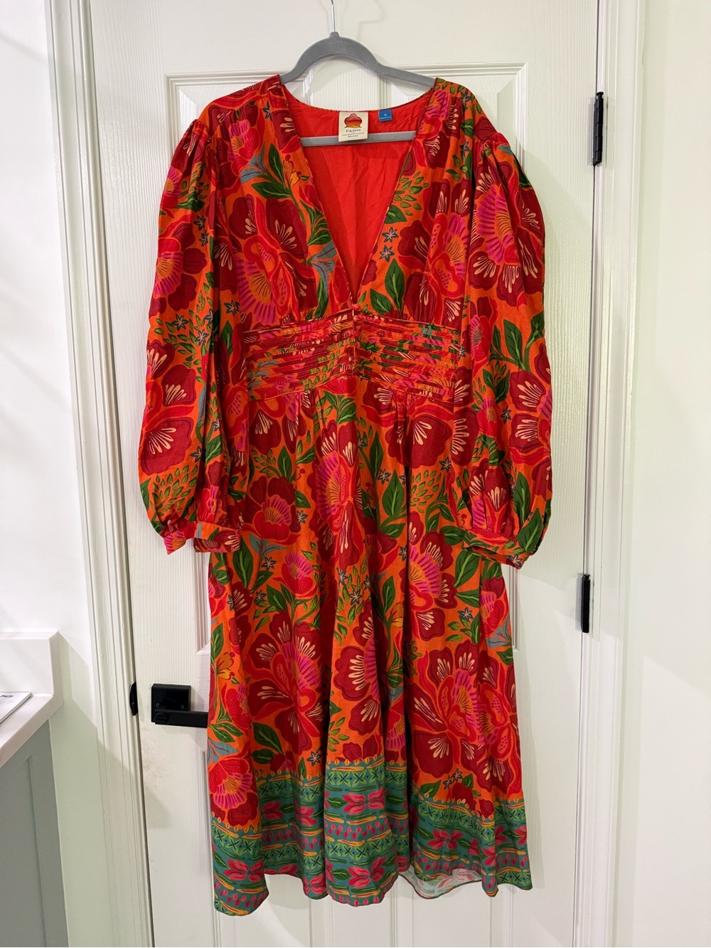 Farm Rio x Anthropologie Orange Floral V-Neck Midi Dress with Puff Sleeves - Picture 3 of 5